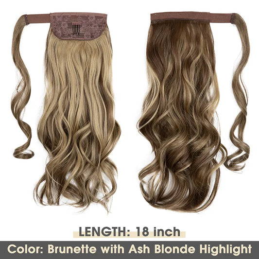 Veira Synthetic Fiber Heat Resistant Long Curly Clip In Wrap Around Ponytail Hair Extensions - Brunette With Ash Blonde - 18 inch