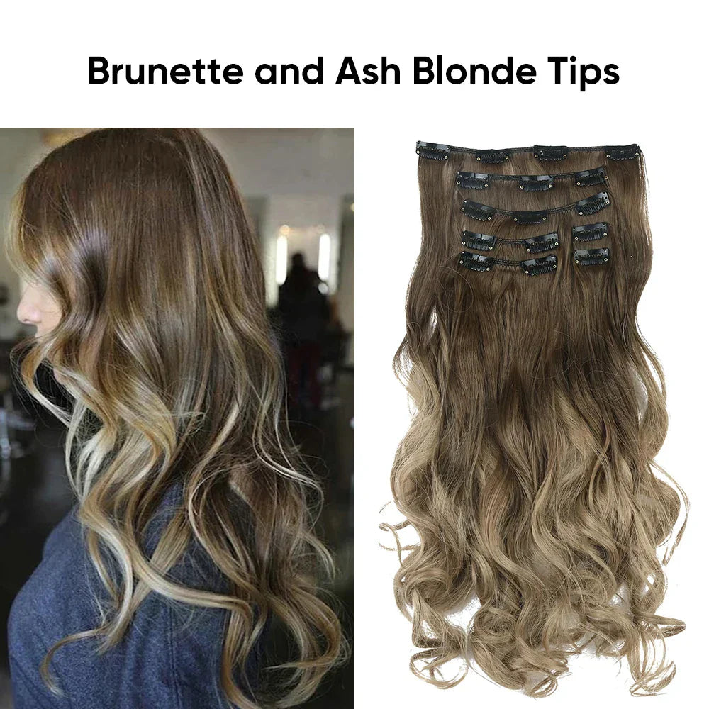 Veira 7-Piece Ombre Clip-In Spring Curl Synthetic Hair Extensions  - Brunette & Ash Blonde Tips - 20inch