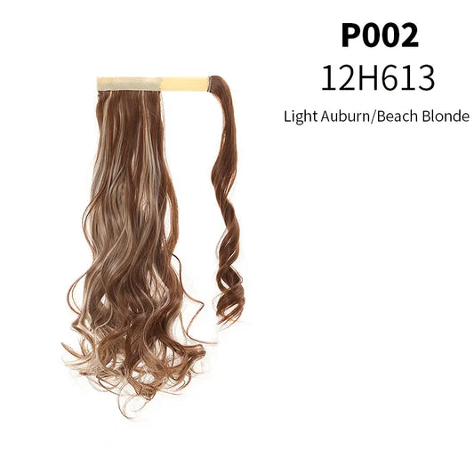 Veira Long Curly Clip In Invisible Wrap Around Instant Ponytail Synthetic Hair Extensions - Light Auburn/Beach Blonde - 20 inch