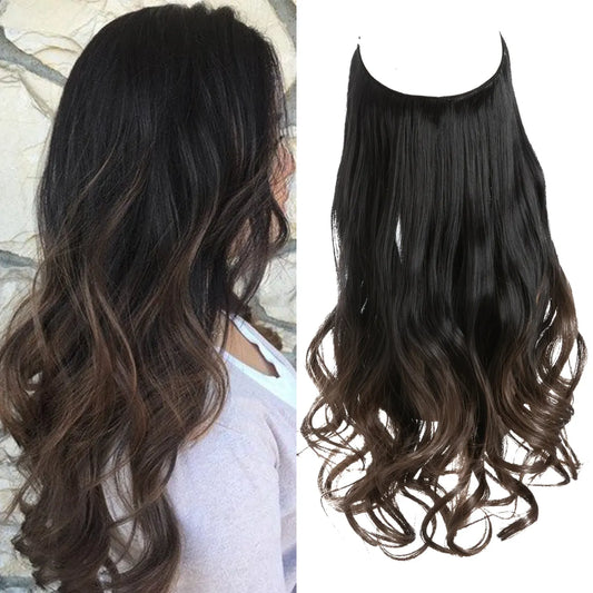 Veira Ombre Invisible Halo Wavy Curly Synthetic Hair Extensions - Black To Brown - 18inch