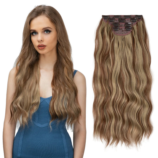 Veira Clip-In 4-Piece Wavy Synthetic Hair Extensions - Brown With Blonde Streaks - 22inch