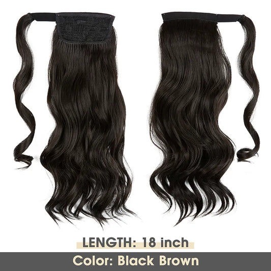 Veira Synthetic Fiber Heat Resistant Long Curly Clip In Wrap Around Ponytail Hair Extensions - Black Brown - 18 inch