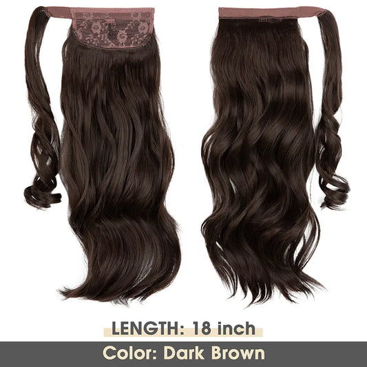 Veira Synthetic Fiber Heat Resistant Long Curly Clip In Wrap Around Ponytail Hair Extensions - Dark Brown - 22 inch