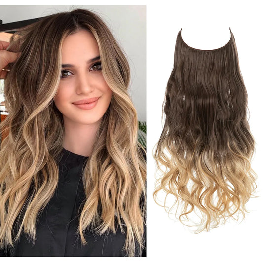 Veira Ombre Invisible Halo Wavy Curly Synthetic Hair Extensions - Brown To Blonde - 18inch