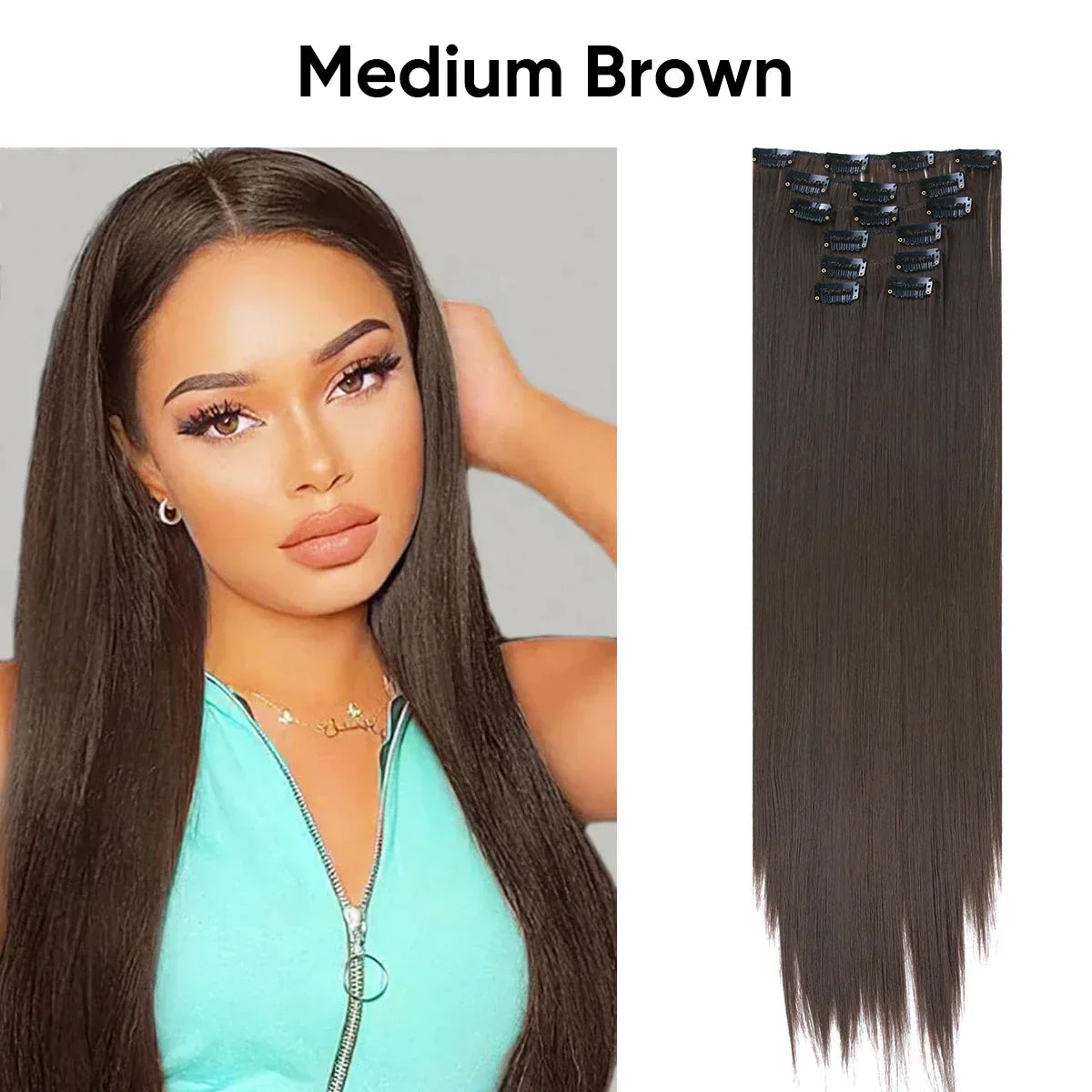 Veira Clip-In 7-Piece Silky Straight Synthetic Hair Extensions - Medium Brown - 22inch