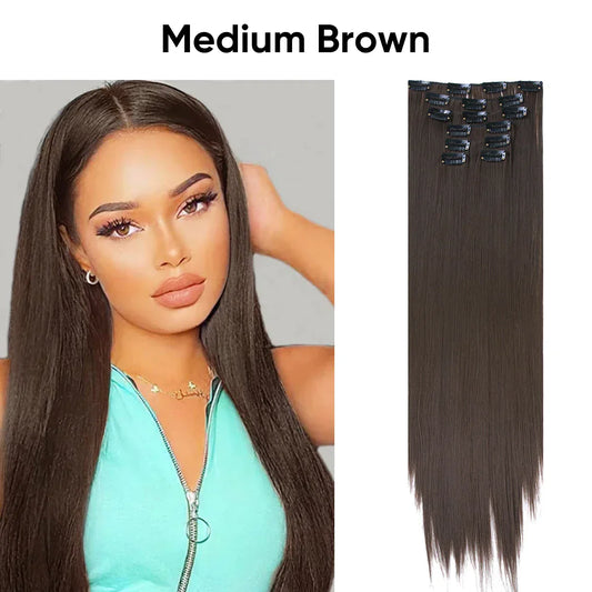 Veira Clip-In 7-Piece Silky Straight Synthetic Hair Extensions - Medium Brown - 22inch