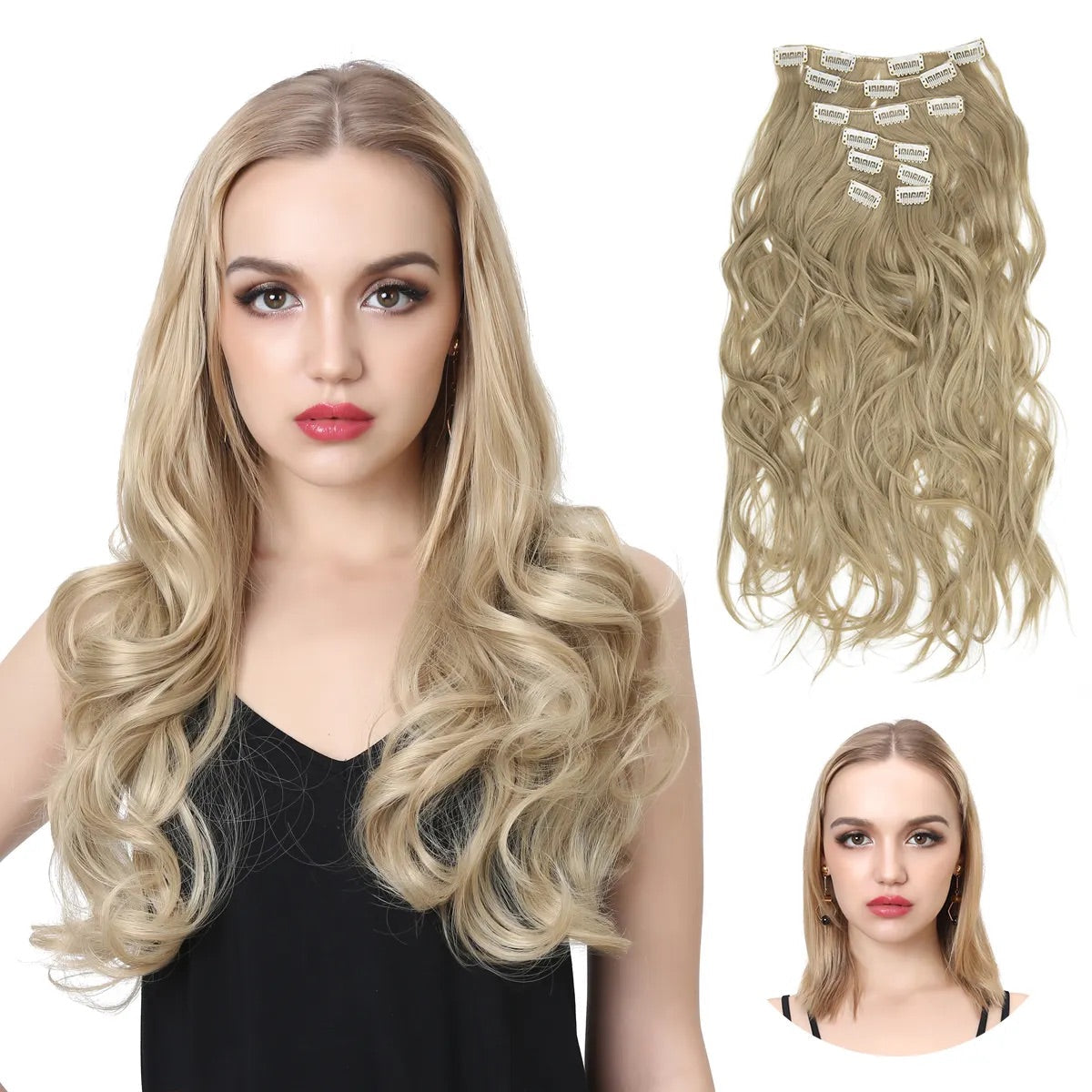 Veira 7-Piece Ombre Clip-In Spring Curl Synthetic Hair Extensions  - Brunette & Ash Blonde Tips - 20inch