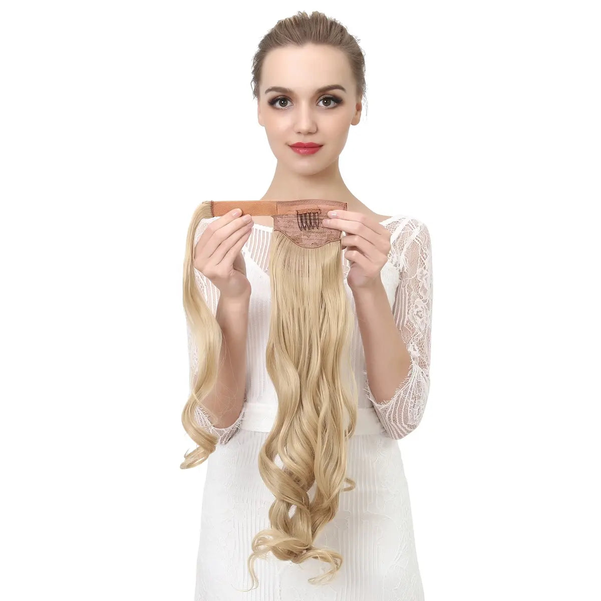 Veira Long Curly Clip In Invisible Wrap Around Instant Ponytail Synthetic Hair Extensions - Ginger Brown - 20 inch