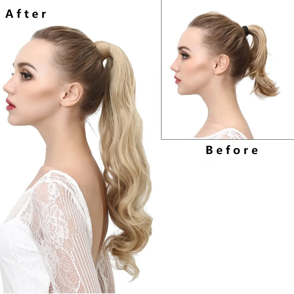 Veira Long Curly Clip In Invisible Wrap Around Instant Ponytail Synthetic Hair Extensions - Brown Blonde - 20 inch