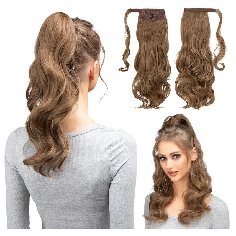 Veira Synthetic Fiber Heat Resistant Long Curly Clip In Wrap Around Ponytail Hair Extensions - Light Brown - 22 inch