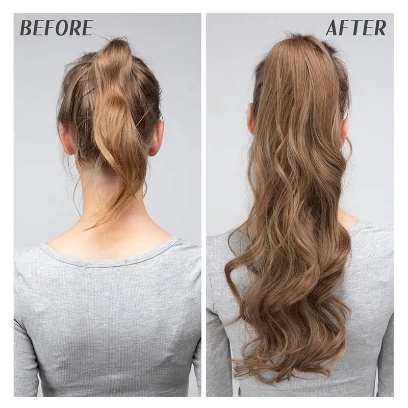 Veira Synthetic Fiber Heat Resistant Long Curly Clip In Wrap Around Ponytail Hair Extensions - Black Brown - 18 inch