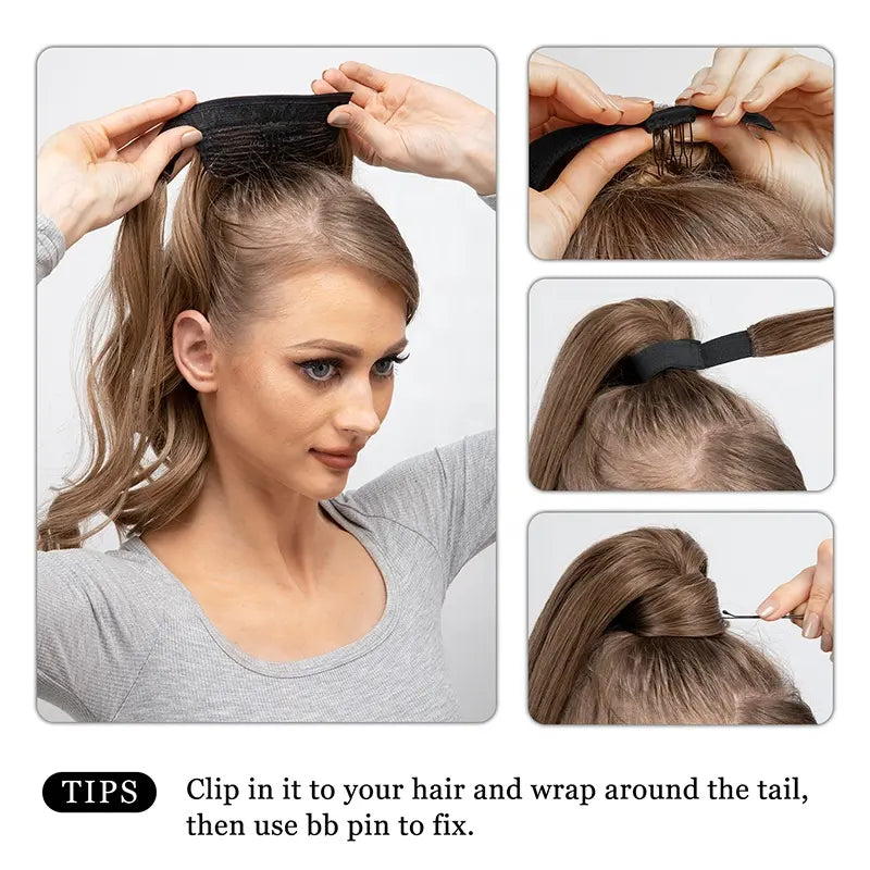 Veira Synthetic Fiber Heat Resistant Long Curly Clip In Wrap Around Ponytail Hair Extensions - Brunette With Ash Blonde - 18 inch