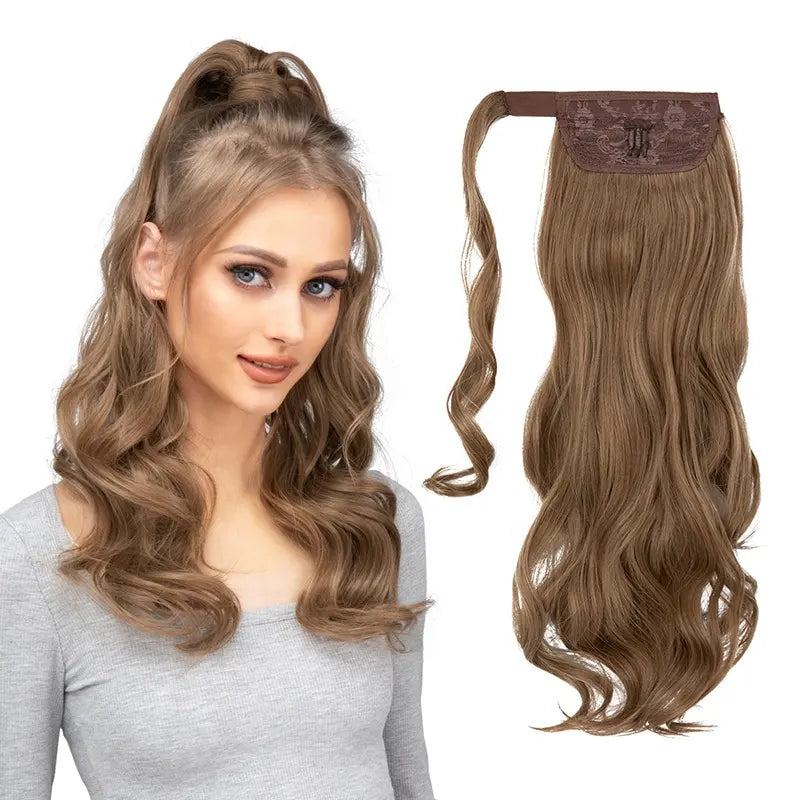 Veira Synthetic Fiber Heat Resistant Long Curly Clip In Wrap Around Ponytail Hair Extensions - Dark Brown - 22 inch